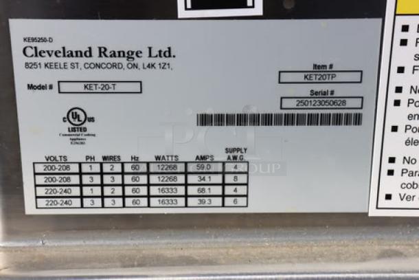 Brand new Cleveland KET-20-T 20 Gallon Tilting Steam Jacketed Electric Kettle, 208/240V, S/N: 250123050628, UL Listed.