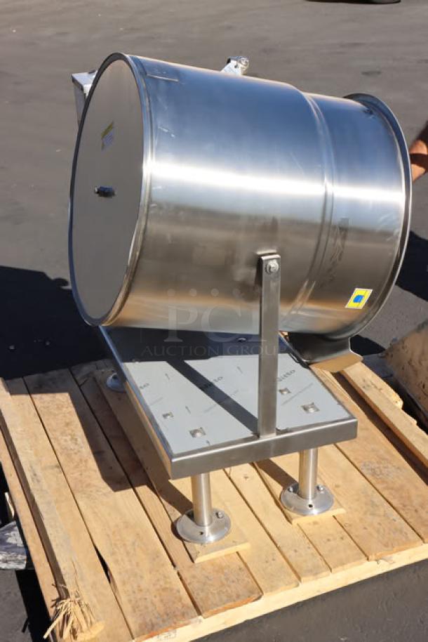 BRAND NEW Cleveland KET-20-T 20 Gallon Tilting Steam Jacketed Electric Kettle, stainless steel, on wooden pallet.