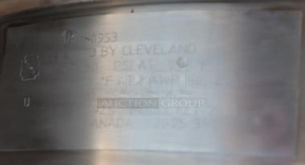 Alt text: Metal label showing specifications of Cleveland KET-20-T 20 Gallon Electric Kettle. Serial number 250123050628 visible.