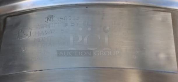 BRAND NEW Cleveland KET-20-T 20 Gallon Tilting Steam Jacketed Electric Kettle, 208/240V, S/N: 250123050628, label view.