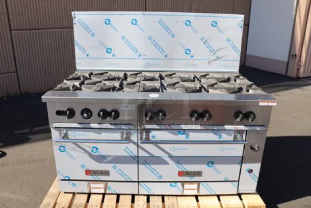 Brand new Wolf by Vulcan C60SS-10BN gas range, 10 burners, 2 ovens, 60", 358,000 BTU. Dented, scratched riser. Missing parts possible.