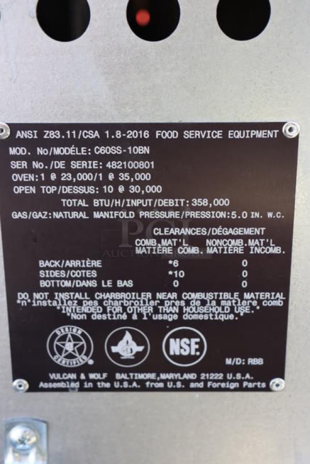 Wolf by Vulcan C60SS-10BN range label, showing model, serial number 482100801, and specifications for 358,000 BTU.