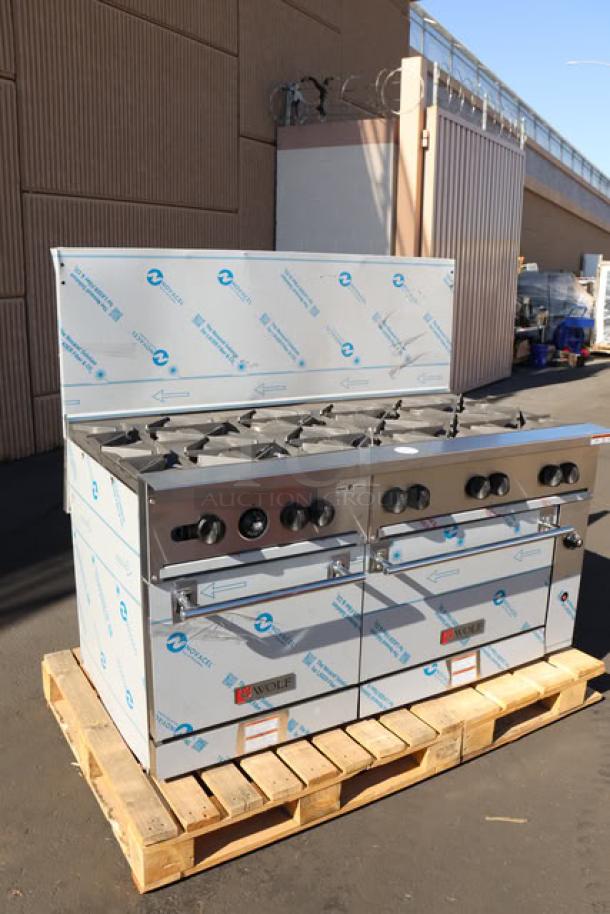 Brand new Wolf by Vulcan C60SS-10BN natural gas range with 10 burners, 2 ovens. Back riser dented. 60", 358,000 BTU.