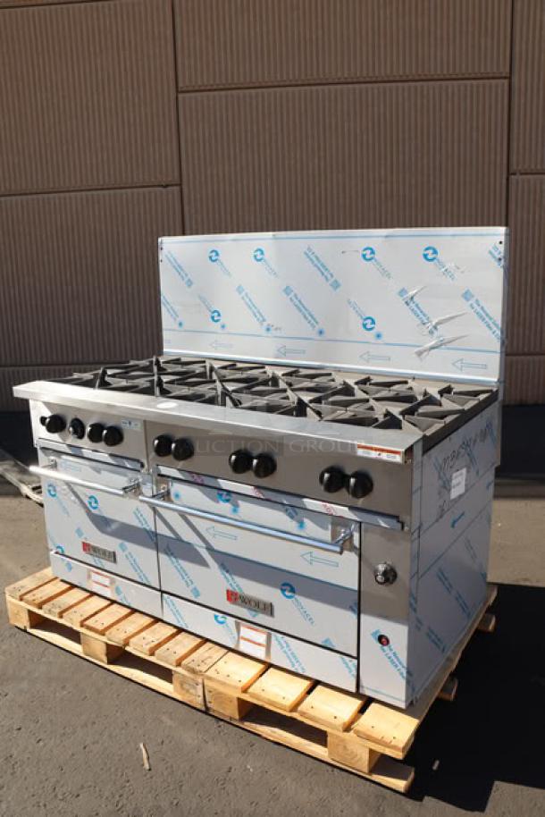 Brand new Wolf by Vulcan C60SS-10BN gas range with 10 burners, 2 ovens, 358,000 BTU; riser dented, package open.