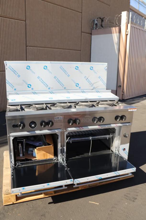 Brand new Wolf by Vulcan C60SS-10BN range, 10 burners, 2 ovens, 358,000 BTU, dented back riser, possible missing parts.