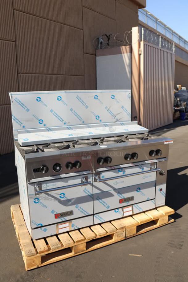 Wolf by Vulcan C6OSS-10BN 60" gas range, 10 burners, 2 ovens, 358,000 BTU. Dent and scratches on riser, out of packaging.