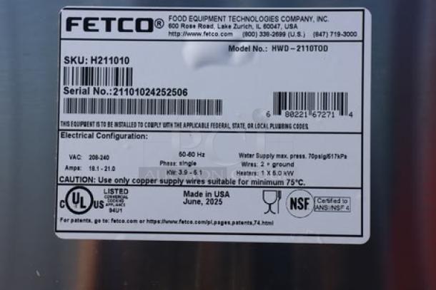 Fetco HWD-2110TOD 10 Gallon Hot Water Dispenser, model H211010, scratch-n-dent condition, push-button controls, 240V.