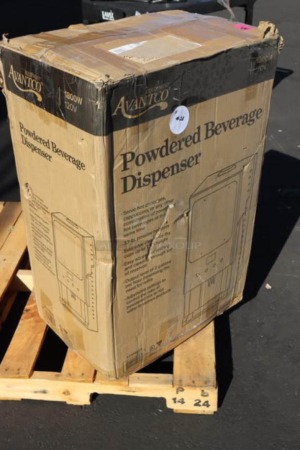 Brand new Avantco GBD203D powdered beverage dispenser in unopened original packaging. Box slightly damaged.