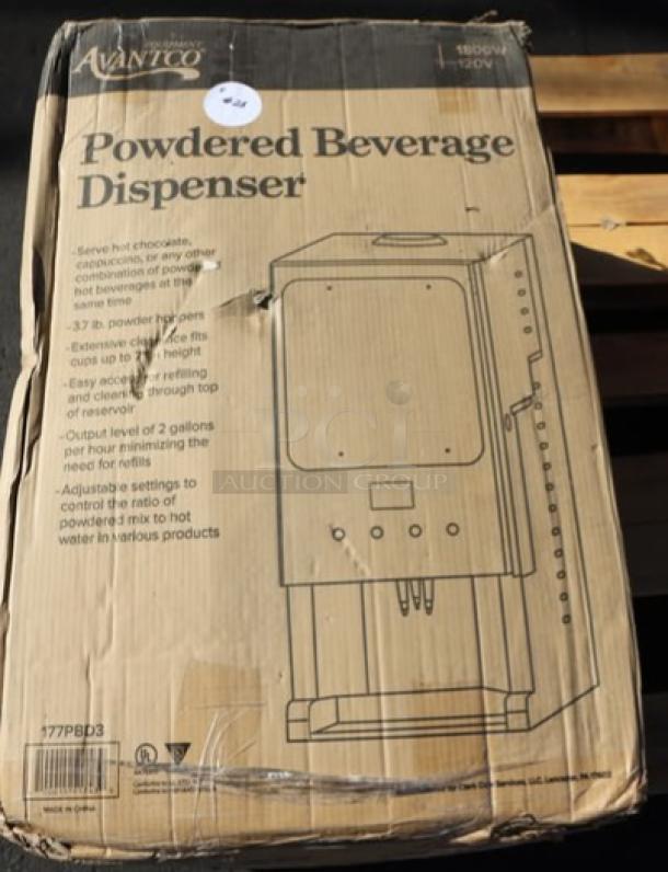 Avantco GBD203D powdered cappuccino/hot chocolate machine, brand new, unopened, original packaging slightly damaged.