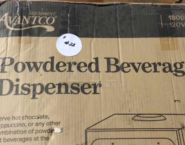 Brand new Avantco GBD203D powdered cappuccino/hot chocolate machine, unopened, original packaging, slight damage visible.