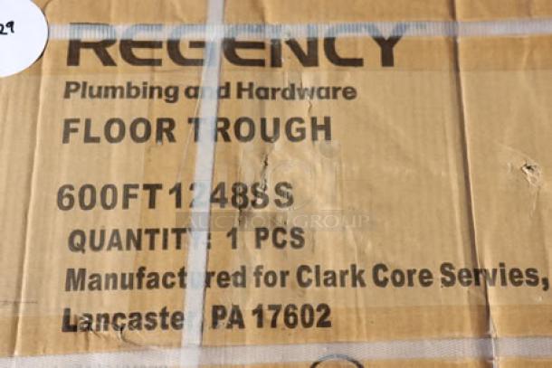Brand new Regency FTG-1248 12"x48" 14-gauge stainless steel floor trough with grate; packaging damaged.