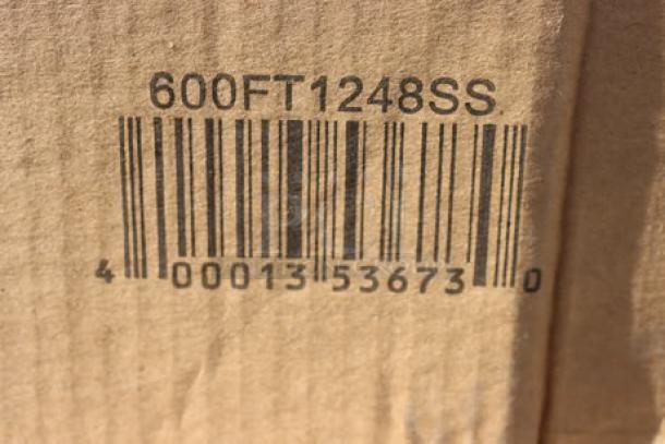 Barcode on damaged packaging for Regency FTG-1248 stainless steel floor trough with grate, model 600FT1248SS.