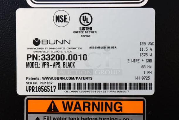 Label on Bunn 33200.0010 VPR-APS Pourover Airpot Coffee Brewer shows specifications and serial number VPR1056517.