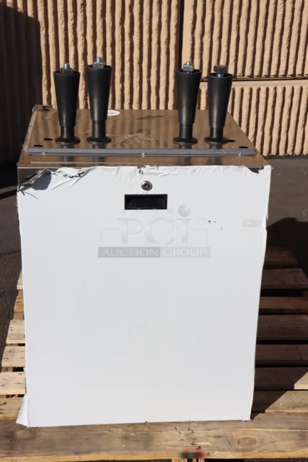 Brand New Scotsman HST21-A stainless steel ice dispenser stand, 21.5" x 23.75". Features enclosed design with door. Serial: 25061320014048.