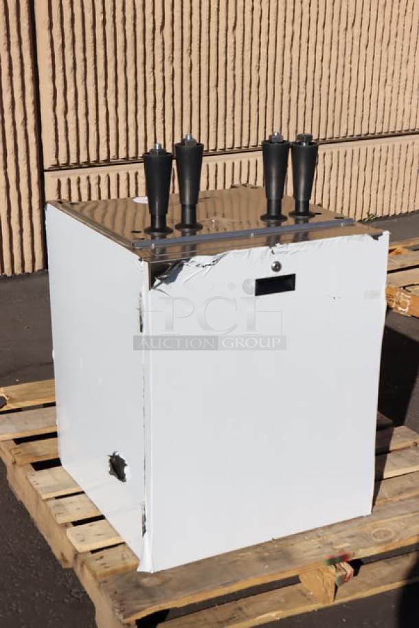 Brand new Scotsman HST21-A stainless steel ice dispenser stand, 21.5"x23.75", minor dents on sides, with door. S/N: 25061320014048.