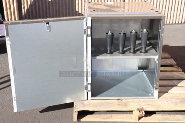 Scotsman HST21-A stainless steel ice dispenser stand, brand new, enclosed with door, includes four legs inside.