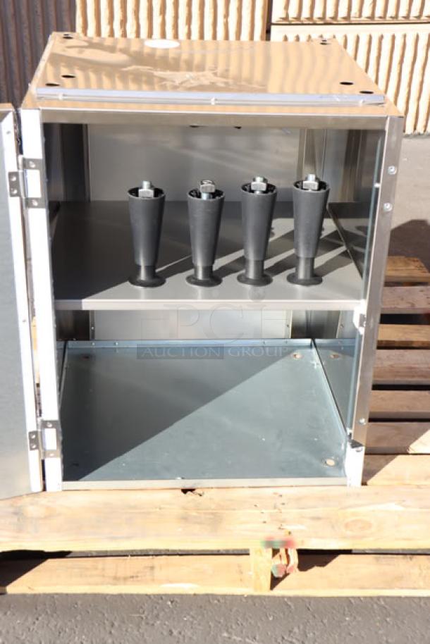 Brand new Scotsman HST21-A ice dispenser stand, stainless steel, 21.5" x 23.75", with door and four internal mounts.