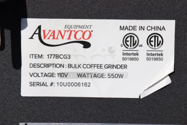 Alt text: "Label of Avantco BCG3 bulk coffee grinder, showing model information, voltage 110V, wattage 550W, and serial number 10U0006162."