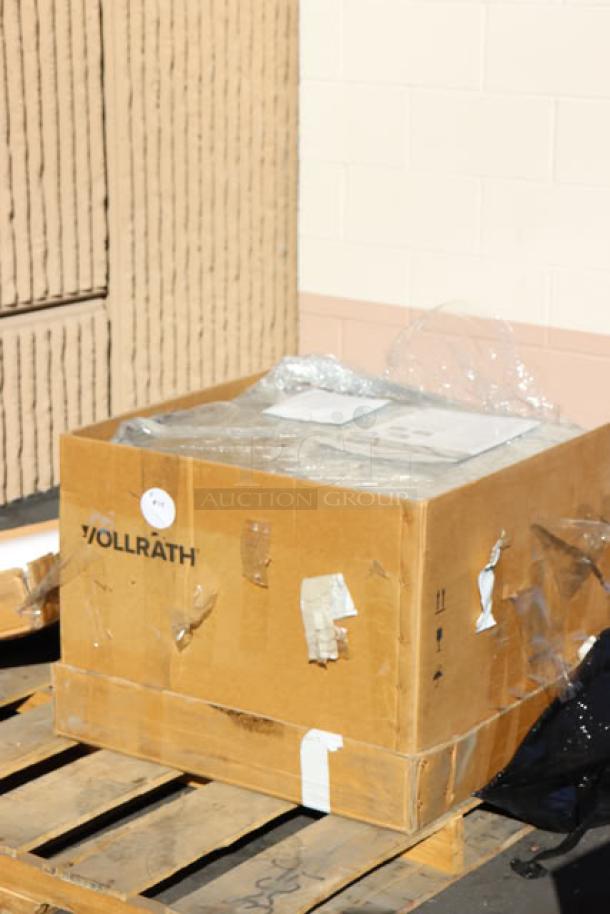 Brand new Vollrath CO4-208240FS convection oven in box; needs door handle replaced; visible Vollrath branding on box.