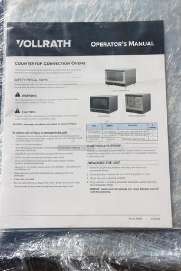 Alt text: Vollrath CO4-208240FS convection oven operator's manual, showing models and safety instructions. Oven requires door handle replacement.