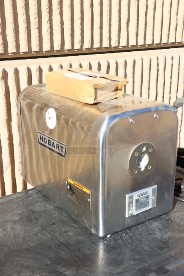 BRAND NEW Hobart 4822-35 #22 Meat Grinder, 1 1/2 hp, stainless steel, model label visible, minor scratches.