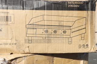 Brand new Avantco EG30N 30" electric countertop griddle, 208/240V, 3375W-4500W, in damaged original packaging.