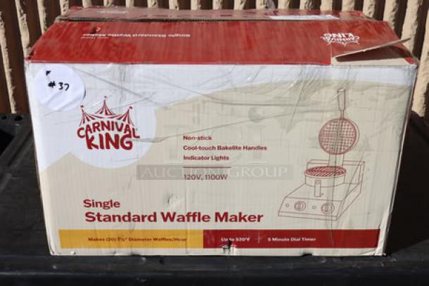 Brand new Carnival King WSM11 non-stick single waffle maker in box, 120V, includes timer and cool-touch handles.