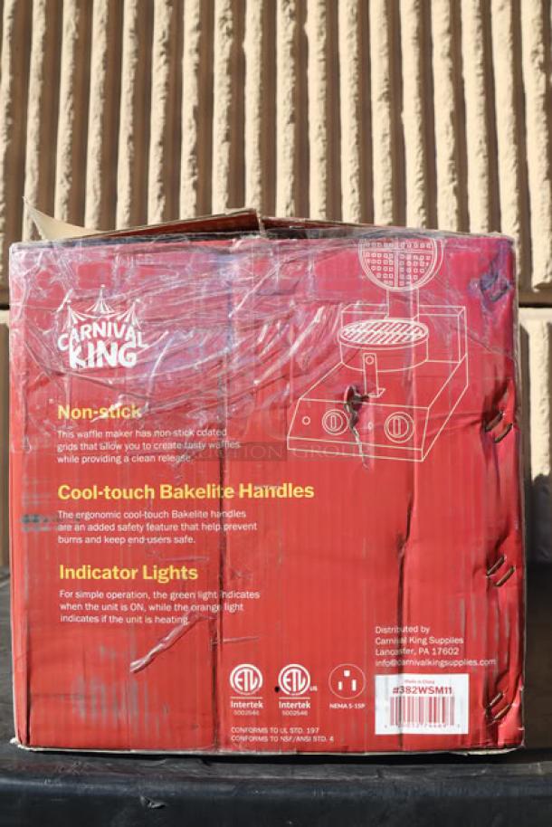 Brand new Carnival King WSM11 non-stick single waffle maker with timer, boxed, featuring cool-touch Bakelite handles.