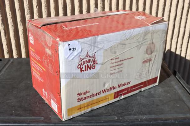 Brand new Carnival King WSM11 single waffle maker with timer in original box. Box shows model details and 120V rating.