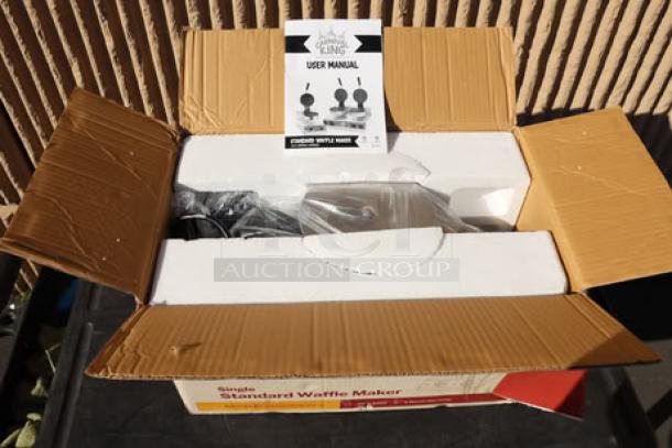 Brand new Carnival King WSM11 non-stick single waffle maker in box with user manual, includes timer feature, 120V.