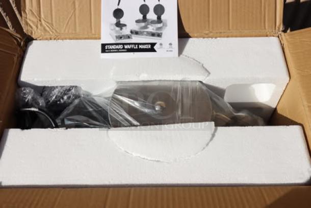 Brand new Carnival King WSM11 single waffle maker in box, non-stick, with timer. Instruction manual visible.