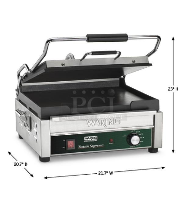 BRAND NEW Waring WFG250 Panini Grill, Italian-style, smooth plates, 14.5"x11" surface, 120V, 1800W, model WFG250.