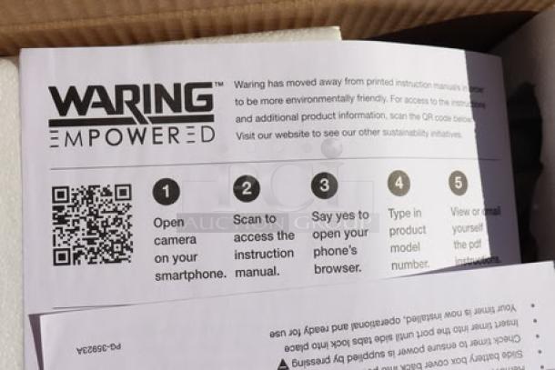 Brand new Waring WFG250 panini grill, smooth top and bottom, 14.5"x11" cooking surface, 120V, 1800W. Instructions available via QR code.