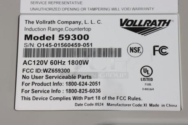 BRAND NEW Vollrath 59300 Mirage® Cadet Induction Range, 1800W, 120V. Serial: 0145-01560459-051. Labels show NSF, FCC, UL marks.