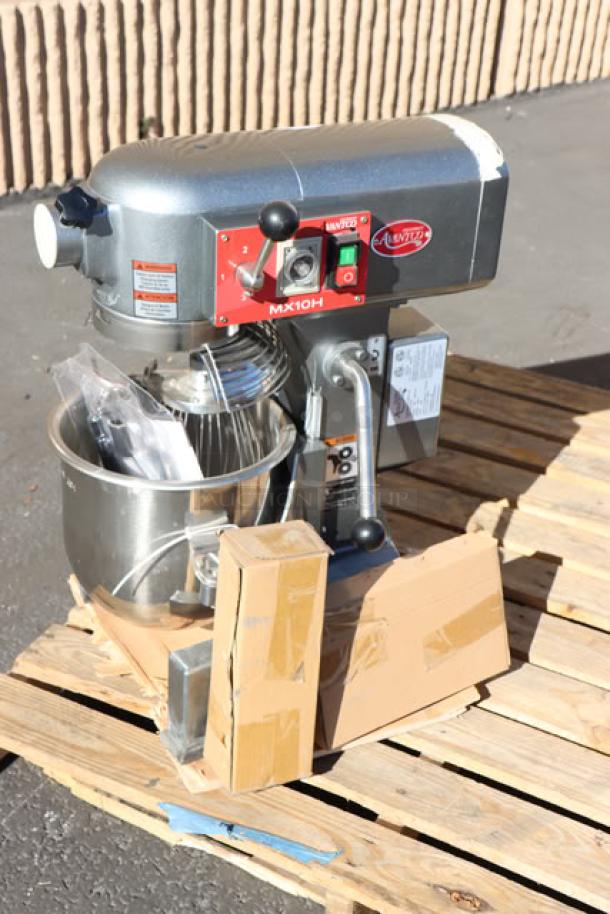 BRAND NEW Avantco MX10H 10 Qt. Planetary Stand Mixer with guard and accessories, 120V, 3/4 hp, on pallet.