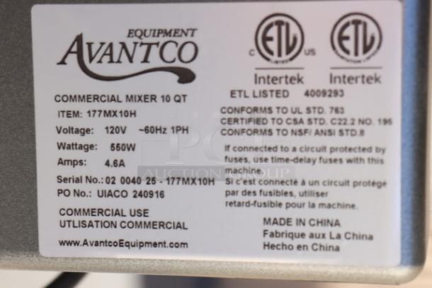 "Avantco MX10H 10 Qt. mixer label; 120V, 3/4 hp, ETL listed, serial 02 0040 25 - 177MX10H, 550W, made in China."