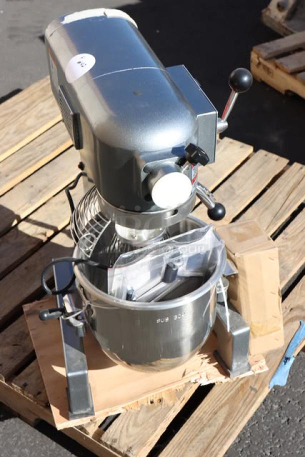 Brand new Avantco MX10H 10 Qt. Planetary Stand Mixer, includes guard and standard accessories, 120V, 3/4 hp, minor scratches.