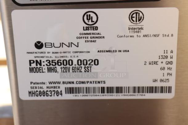 Bunn 35600.0020 BrewWISE MHG coffee grinder label, model and serial numbers visible. Minor scratches possible.