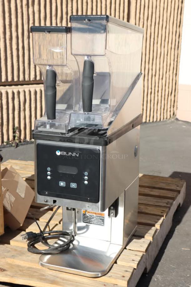 BRAND NEW Bunn 35600.0020 BrewWISE MHG stainless steel coffee grinder with dual removable hoppers; minor scratches noted.