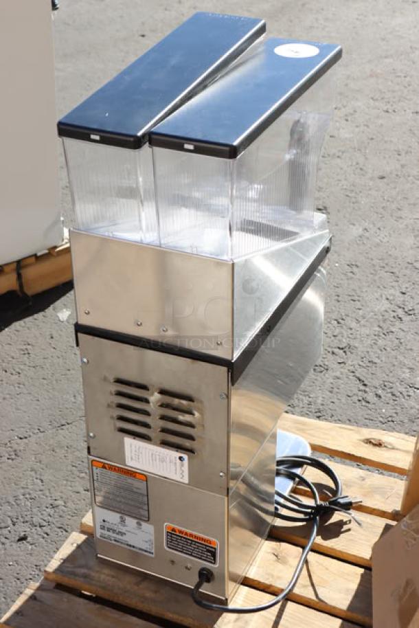 Bunn 35600.0020 BrewWISE MHG Stainless Steel Coffee Grinder, dual removable hoppers, minor scratches/dents, serial MHG0863784.