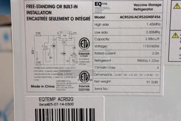 Brand new Summit Appliance ACR52GNSF456 medical refrigerator. 3.88 Cu. Ft. capacity, 115V, for temperature-monitored storage. Serial# 25-07-14-0300.