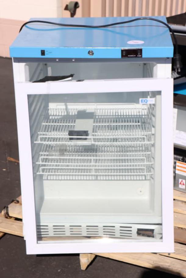 Brand new Summit Appliance ACR52GNSF456 medical refrigerator, 3.88 cu. ft., white/blue, glass door, temp-monitored storage.