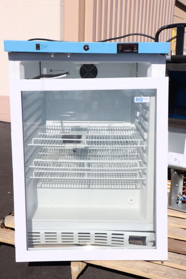 Brand new Summit ACR52GNSF456 medical refrigerator; 3.88 Cu. Ft., white/blue, glass door, scratch-n-dent condition, 115V.
