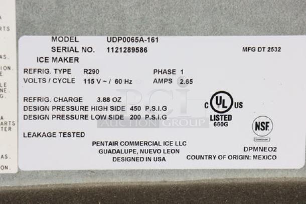 BRAND NEW SCRATCH-N-DENT Manitowoc UDE0065A-161B ice machine label, 115V, 57 lb., R290 refrigerant, UL and NSF certified.
