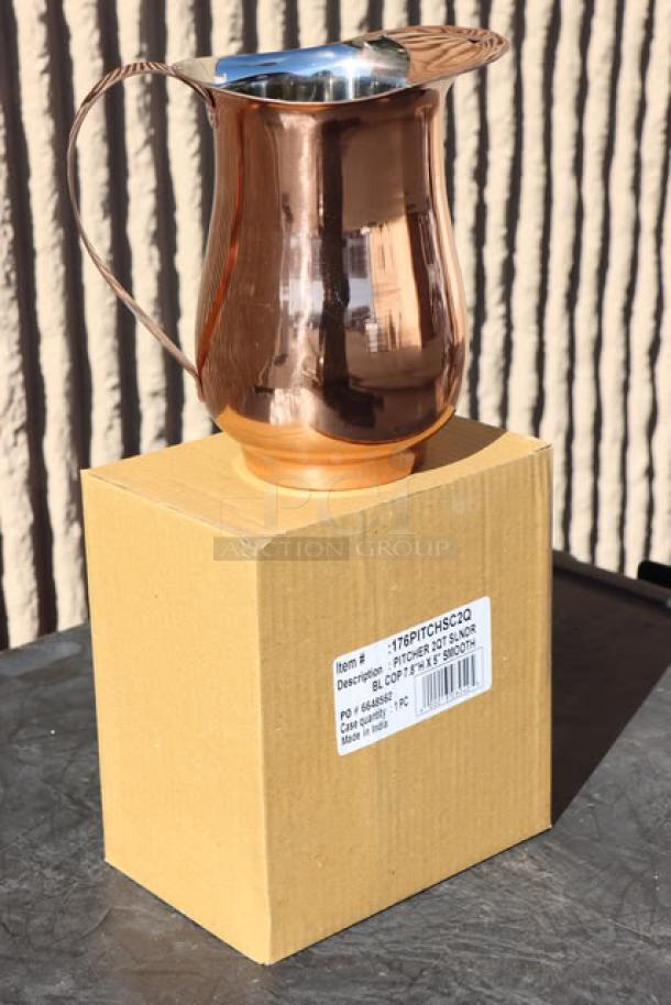 BRAND NEW Acopa 64 oz. satin copper stainless steel bell pitcher with ice guard, model 176PITCHSC2Q, on box.