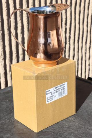 BRAND NEW Acopa 64 oz. satin copper stainless steel bell pitcher with ice guard, model 176PITCHSC2Q, on box.
