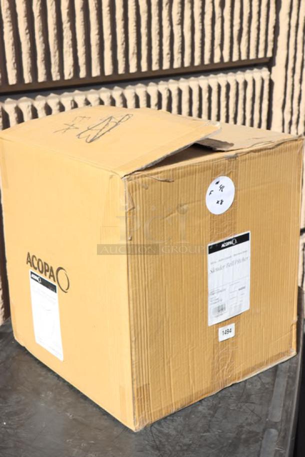 Boxed Acopa 64 oz. Satin Copper Stainless Steel Slender Bell Pitcher with Ice Guard, model 176PITCHSC2Q, brand new condition.