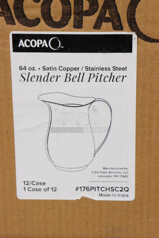 Acopa 64 oz. satin copper stainless steel slender bell pitchers, model 176PITCHSC2Q. New, 12 per case with ice guard.