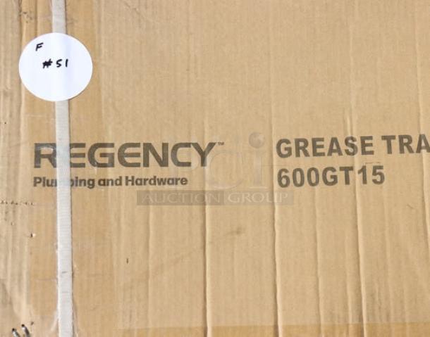 BRAND NEW Regency 600GT15 Grease Trap, 30 lb., 15 GPM, PDI Certified, minor packaging damage, non-threaded connections.