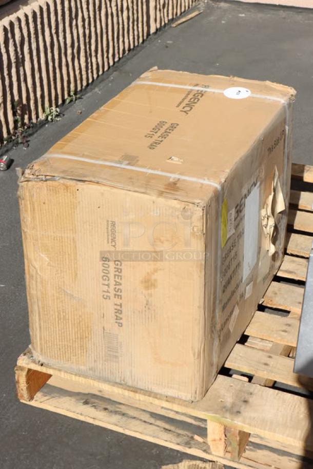 Brand new Regency 600GT15 30 lb. grease trap, 15 GPM, non-threaded connections, PDI Certified. Packaging has minor damage.